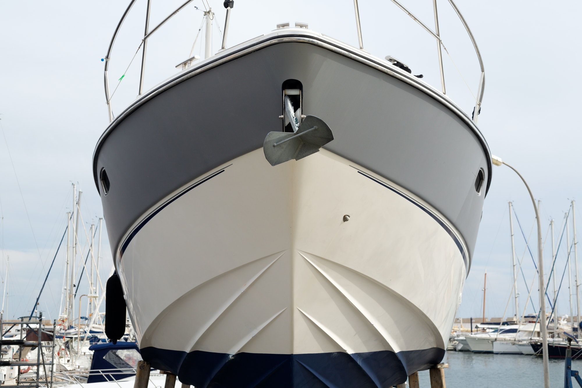 boat is in dry dock, front view